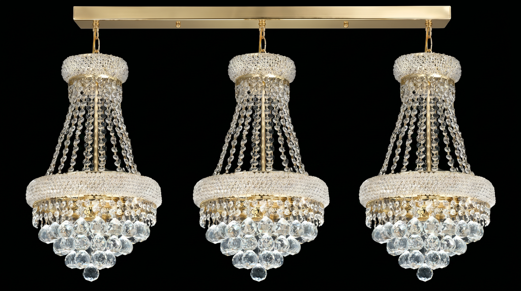 Set of 3 French Empire Crystal Chandeliers - Gold Finish - H22" X W15" 3 Lights Each - Dining Room, Foyer, Entry Way, Living Room