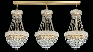 Set of 3 French Empire Crystal Chandeliers - Gold Finish - H22" X W15" 3 Lights Each - Dining Room, Foyer, Entry Way, Living Room