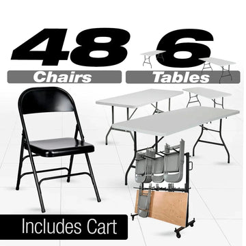 48 Black Metal Folding Chairs + 6 Heavy DutyPlastic 72x30 Banquet Tables + Hybrid Folding Chair and Banquet Table Cart