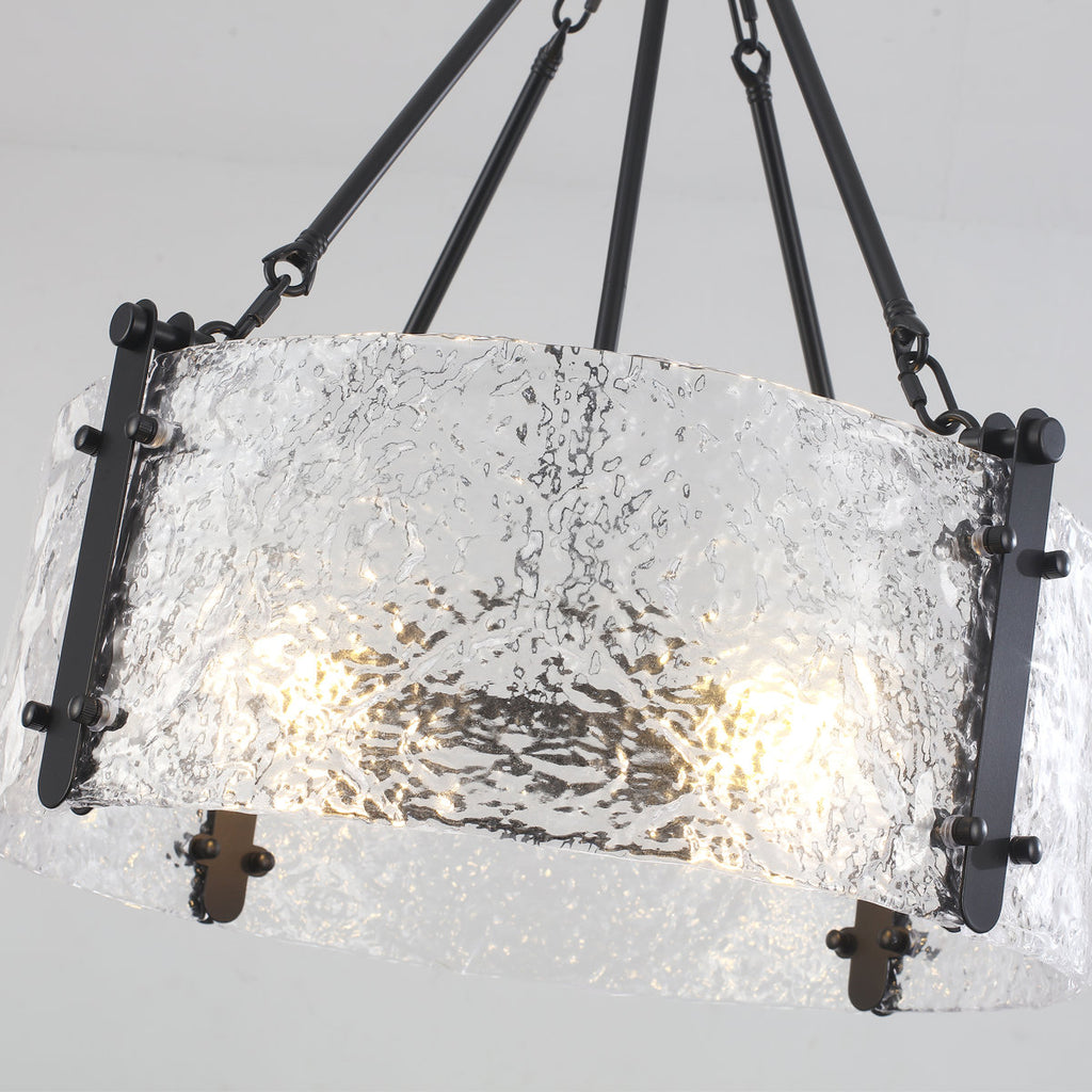 4-Light 20 inch Dimmable Modern Black Drum Chandelier With Ripple Glass Shade
