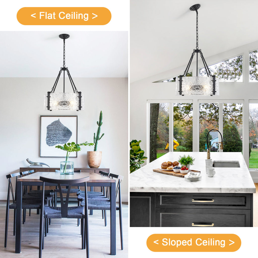 4-Light 20 inch Dimmable Modern Black Drum Chandelier With Ripple Glass Shade