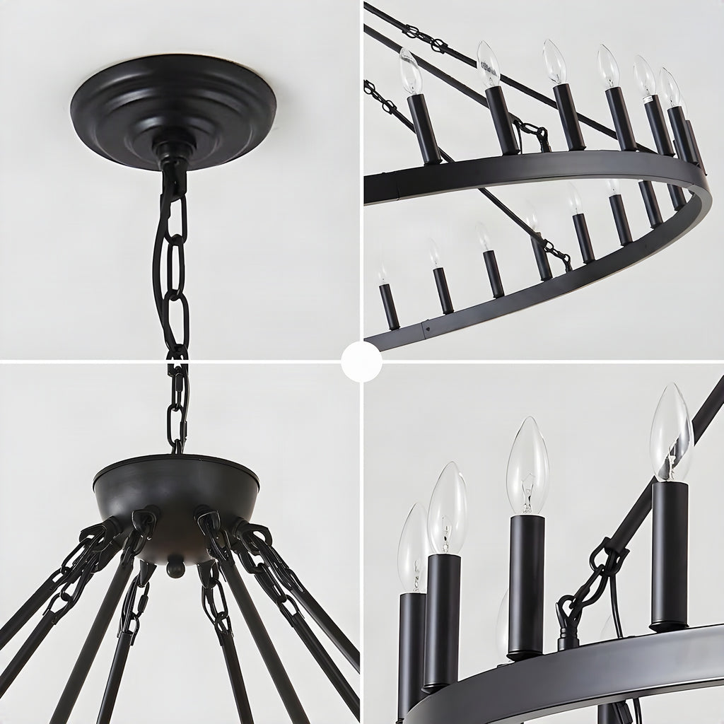 Close up details of the canopy, chain suspension and candle tubes
