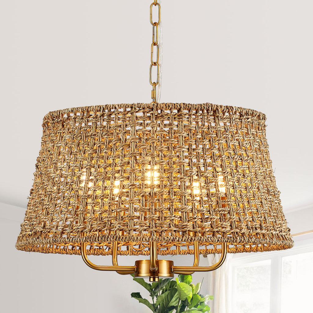 5-Light Bohemian Natural Rattan Tiered Drum Chandelier with Adjustable Height and Dimmable