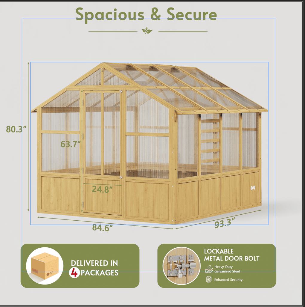 8x8 FT Outdoor Wooden Walk-In Greenhouse, Heavy Duty Cedar Frame with Polycarbonate Panels & Adjustable Roof Vents