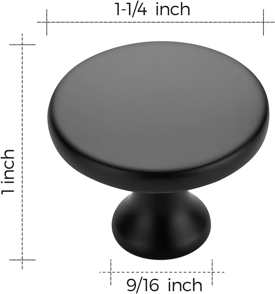 5 Pack 1-1/4 Inch Matte Black Round Kitchen Cabinet Knobs,Zinc Solid Drawer Pulls,Cabinet Handles and Bathroom, Modern