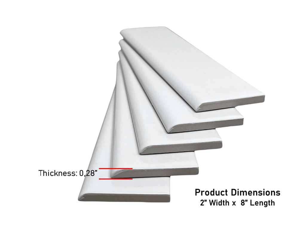 White Glossy 2x8 Ceramic Bullnose Subway Wall Trim Tile for Edge Finishing Kitchen Backsplash and Shower Walls (Box