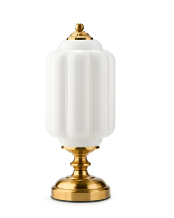 Vintage Cordless Rechargeable Table Lamp, Antique Brass, White Glass