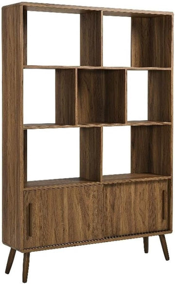 Transmit 8 Shelf Bookcase with Sliding Doors in Walnut - 45 Inch Wood Mid-Century Modern Bookshelf - 4 Tier Tall Open