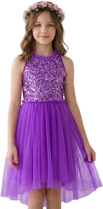 Girls Sequin Dress for Kids Sparkly Halter Neck Sleeveless Casual Party Wedding Twirl Dresses