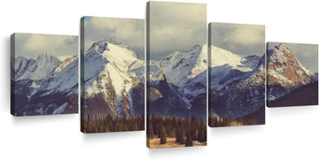 Rocky Mountains Wall Art Multi Piece Canvas - 5 Panel Nature Wall Decor - Snowy Scenery of the Pine Forest and