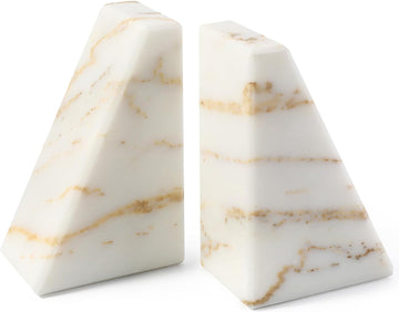 Marble Bookends for Heavy Books, Calacatta Decorative Book Ends for Shelves, Unique and Heavy Bookends for Hardback