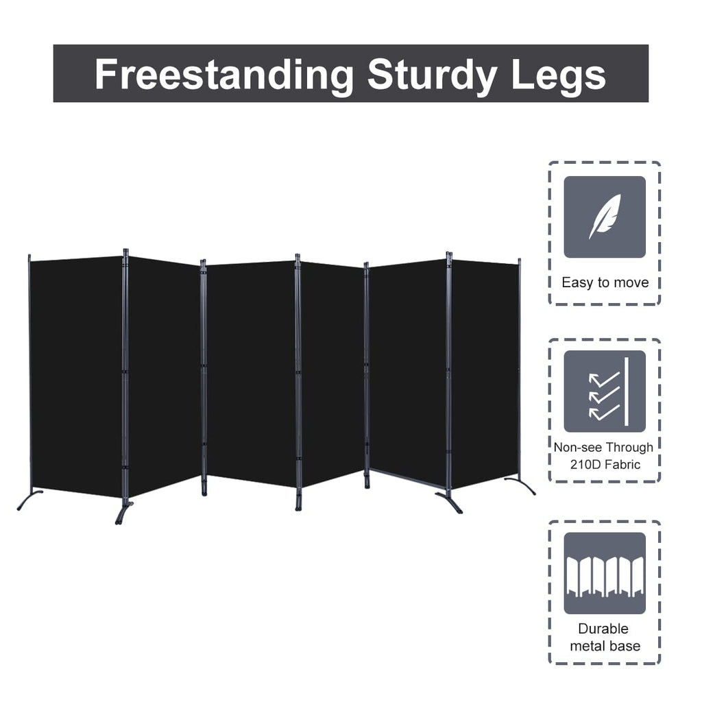 6 Panel Folding Room Divider, 204" W x 71.3" H Portable Privacy Screen, Black
