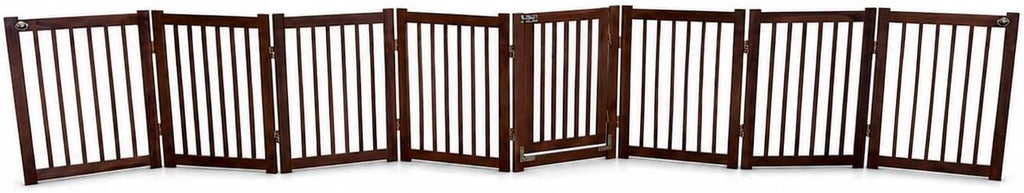 Extra Wide 8-Panel Freestanding Indoor Pet Gate with Door / 142" W, 24" H/Foldable, Solid Acacia Wood, Portable