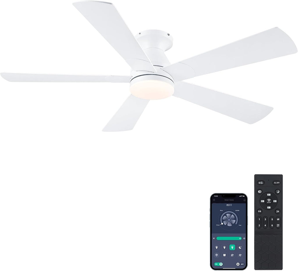 52in Ceiling Fans with Lights - White Flush Mount Ceiling Fan Light with Remote, 6 Wind Speeds and Reversible, Modern Low Profile Fan Light for Indoor/Covered Outdoor A101-B0DTD1M3KT
