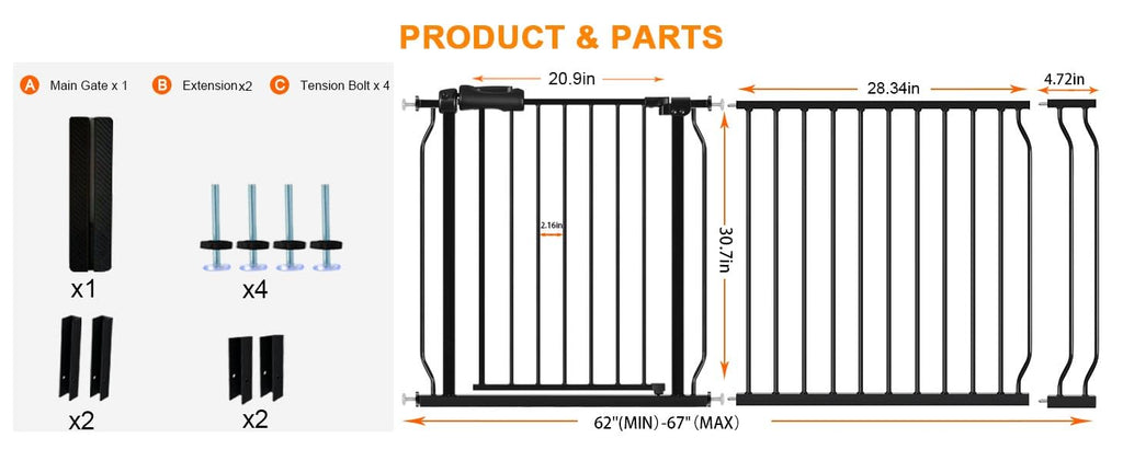62 to 67 Inch Extra Wide Baby Gate for Doorway Stairs