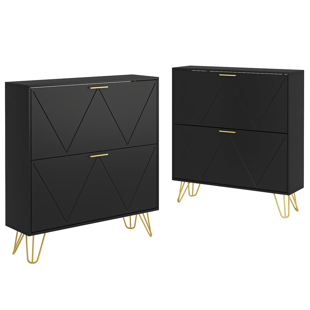 Black Shoe Cabinet Storage, Narrow Shoe Cabinet with 2 Flip Drawers, Freestanding Organizer with Fluted Panel