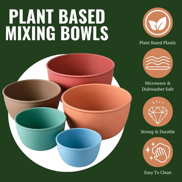 Mixing Bowls | 5 Piece Plant-Based Nesting Bowl Set | Matte Finish | Multi-Color | Dishwasher and Microwave Safe
