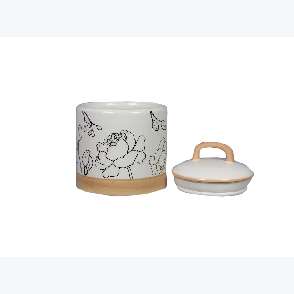 Ceramic Kitchen Canister Set of 3 with Floral Line Art, Airtight Storage Jars with Wooden Accents, Countertop