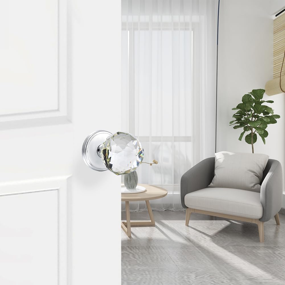 Crystal Glass Door Knobs Interior, Round Door Knobs for Hall and Closet (Passage, Polished Chrome)