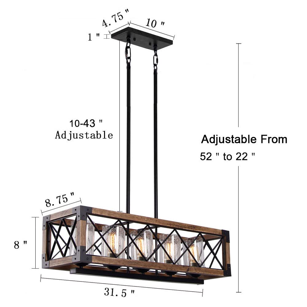 Rectangle Wood Metal Pendant Light Kitchen Island Chandelier Black Finish Rustic Industrial Chandelier Vintage