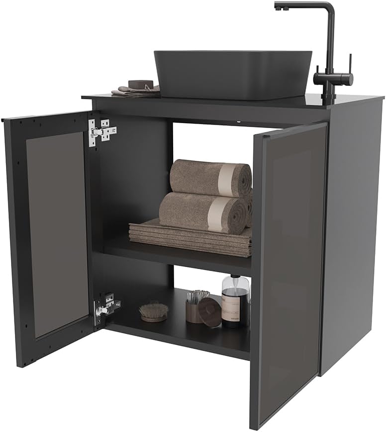 24" Black Steel Bathroom Vanity Set with Tempered Glass Countertop - Industrial Vanity Cabinet