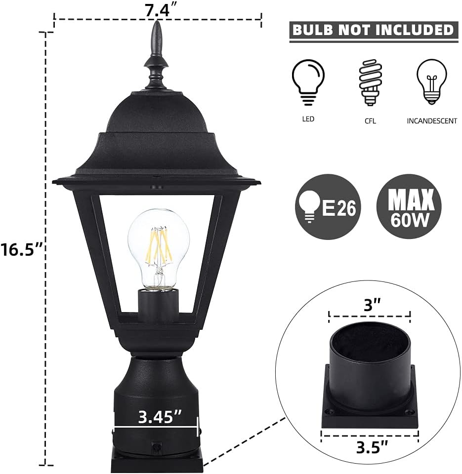 Outdoor Post Light,Waterproof Cast Aluminium Lamp Post Light Fixture,Post Lantern with Pier Mount Base,Matte Black