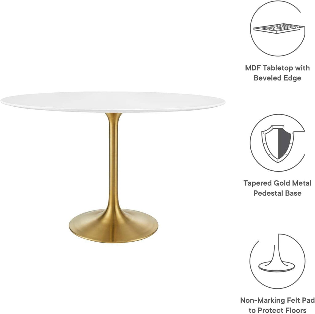 Inspired Tulip Style Oval Pedestal Dining Table — Gold Base / White Top, 48″ Oval