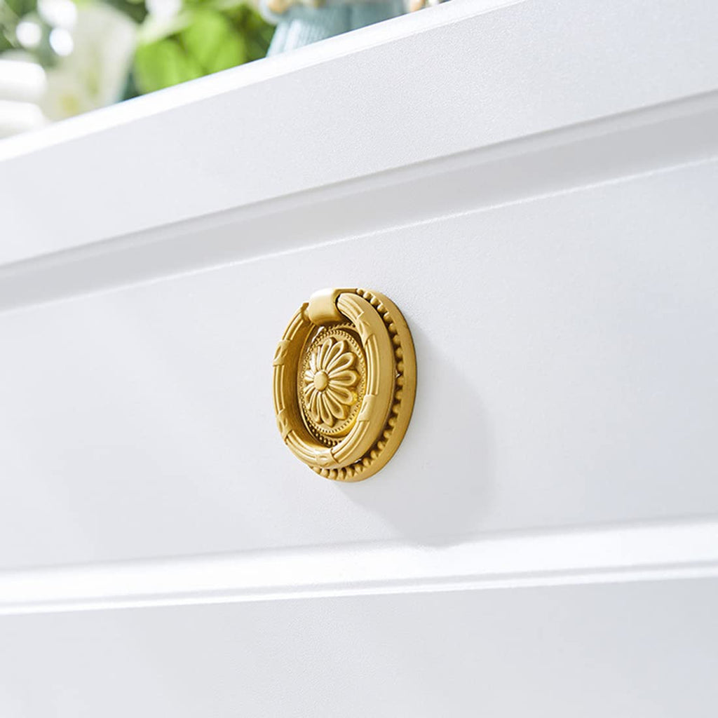 Brass Cabinet Rings Gold Knobs, Drawer Round European Handles Antique Gold Knobs Kitchen, 4 Pack