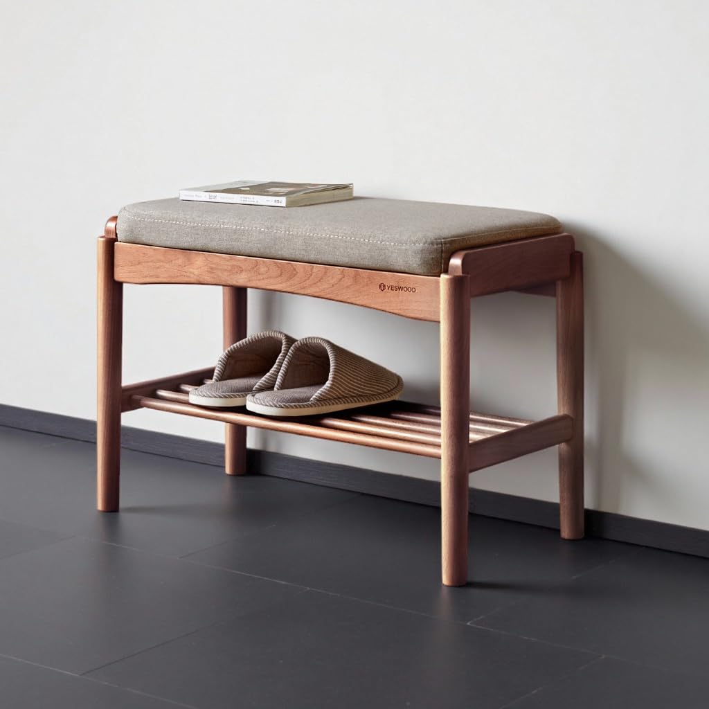 Solid Wood Shoe Bench, 24 Inch Entryway Bench with Gray Cushion