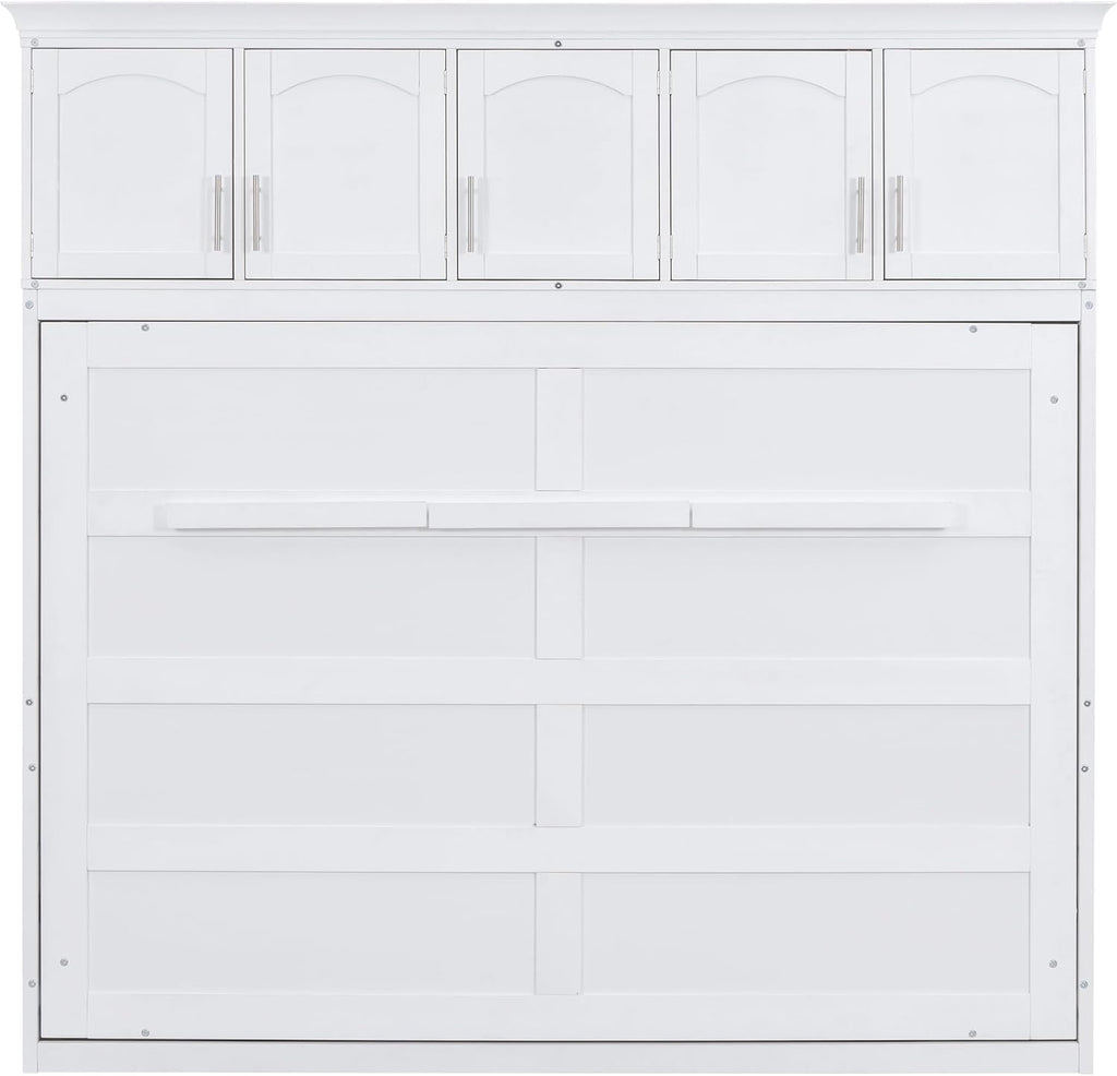 Queen Horizontal Murphy Bed with Storage Cabinet,Wood Folding White Murphy Wall Bed for Adult