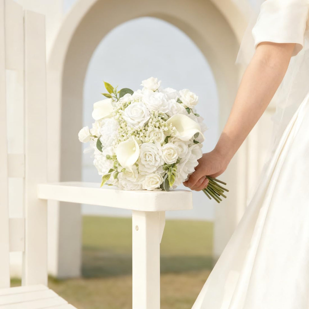 9'' White Artificial Wedding Bouquet - Peony, Rose & Calla Lily Bridal Bouquets for Bride Bridesmaids | Wedding