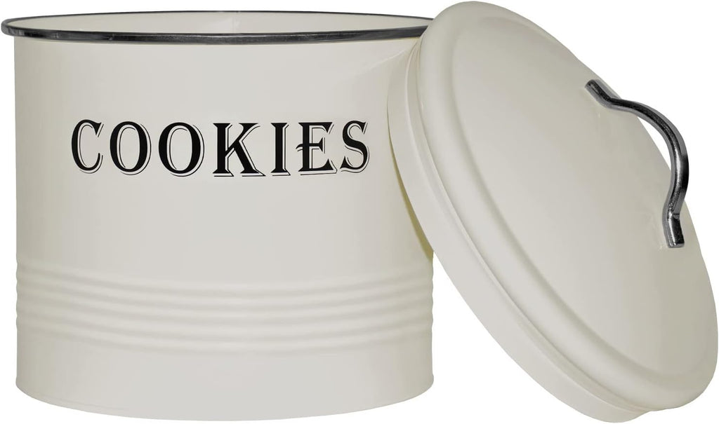 Vintage Cookie Jar - Airtight Counter Cookie Container, Ivory Tin with Lid for Gift Giving, Large Capacity