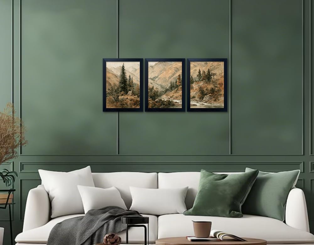 Framed Landscape Mountain Painting Autumn Forest Wall Art 3 Piece Nature Canvas Print Vintage Fall Picture Artwork