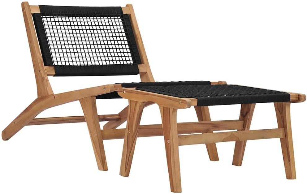 Sun Lounger with Footrest, Outdoor Lounge Chair, Solid Teak Wood and Polyester Rope, Brown, 35.2" x 22.4" x 25.6"