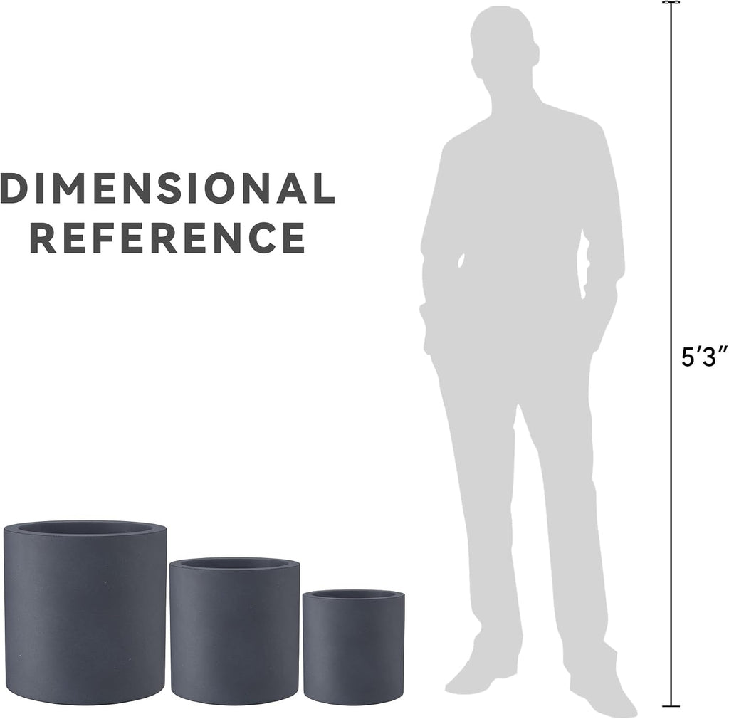Set of 3 Charcoal Concrete Cylinder Planters 15.8" 12.9" 15.8" Dia | Drainage for Outdoor, Rubber Plug for Indoor