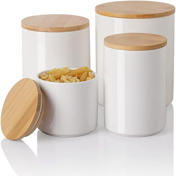 Kitchen Canisters Ceramic Food Storage Jar Set, Stackable Containers with Airtight Seal Wooden Lid for Serving Ground - Set of 4