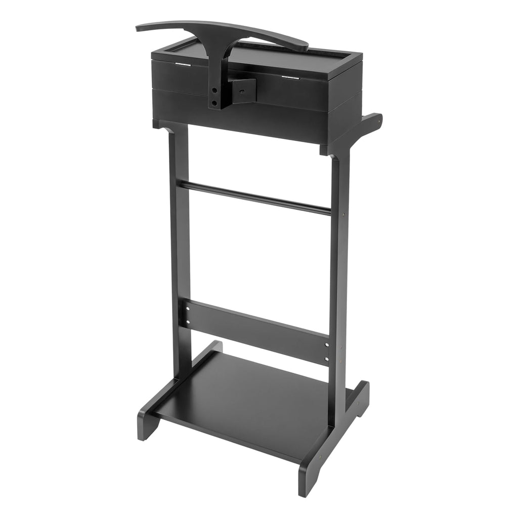 Wooden Valet Stand for Men, Black Suit Valet Stand with Drawer, Suit Rack, Shoe Shelf, Valet Clothes Stand Clothing