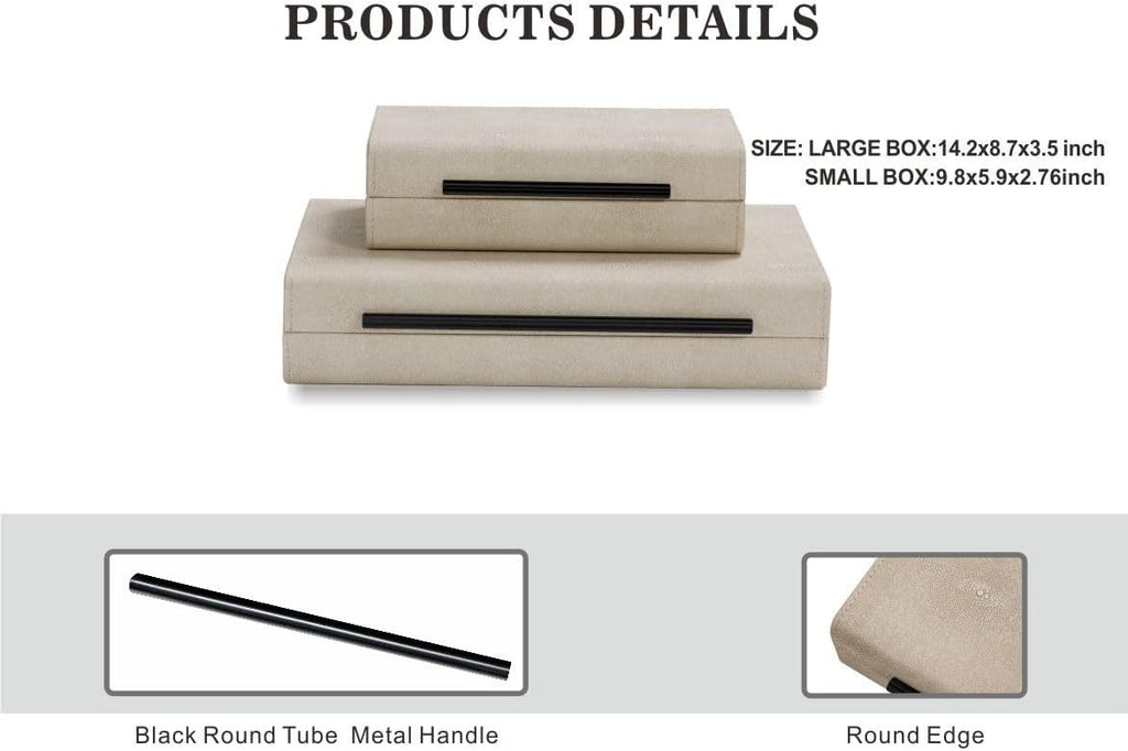 Ivory Shagreen Decorative Boxes-Modern Faux Leather Jewelry Orgazier, Engineered Wood Keepsake Boxes - Set of 2