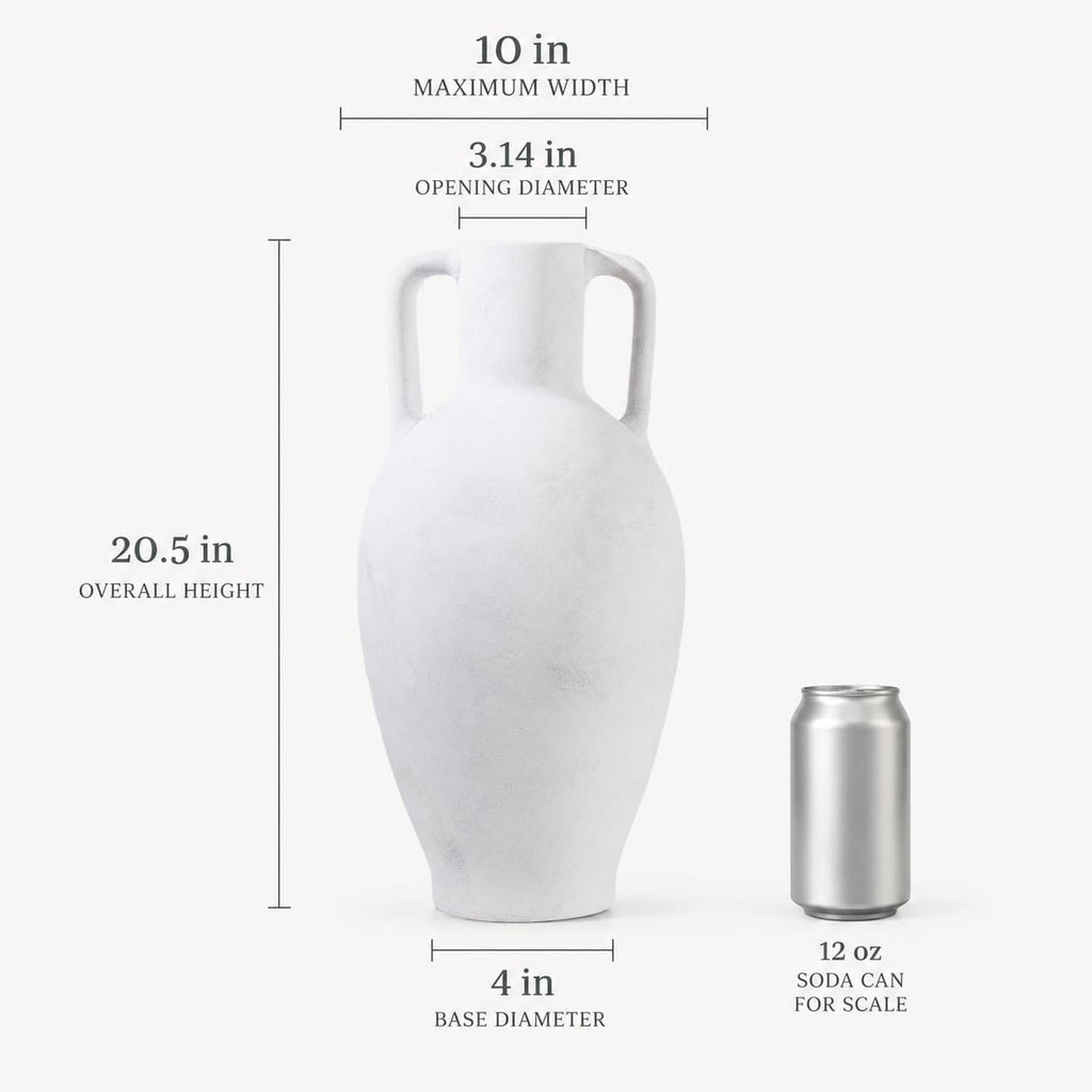 20.5in Ceramic Floor Vase with Handles | Hand-Painted Glaze Craft, Pure White Finish, Light Black Speckled Accents
