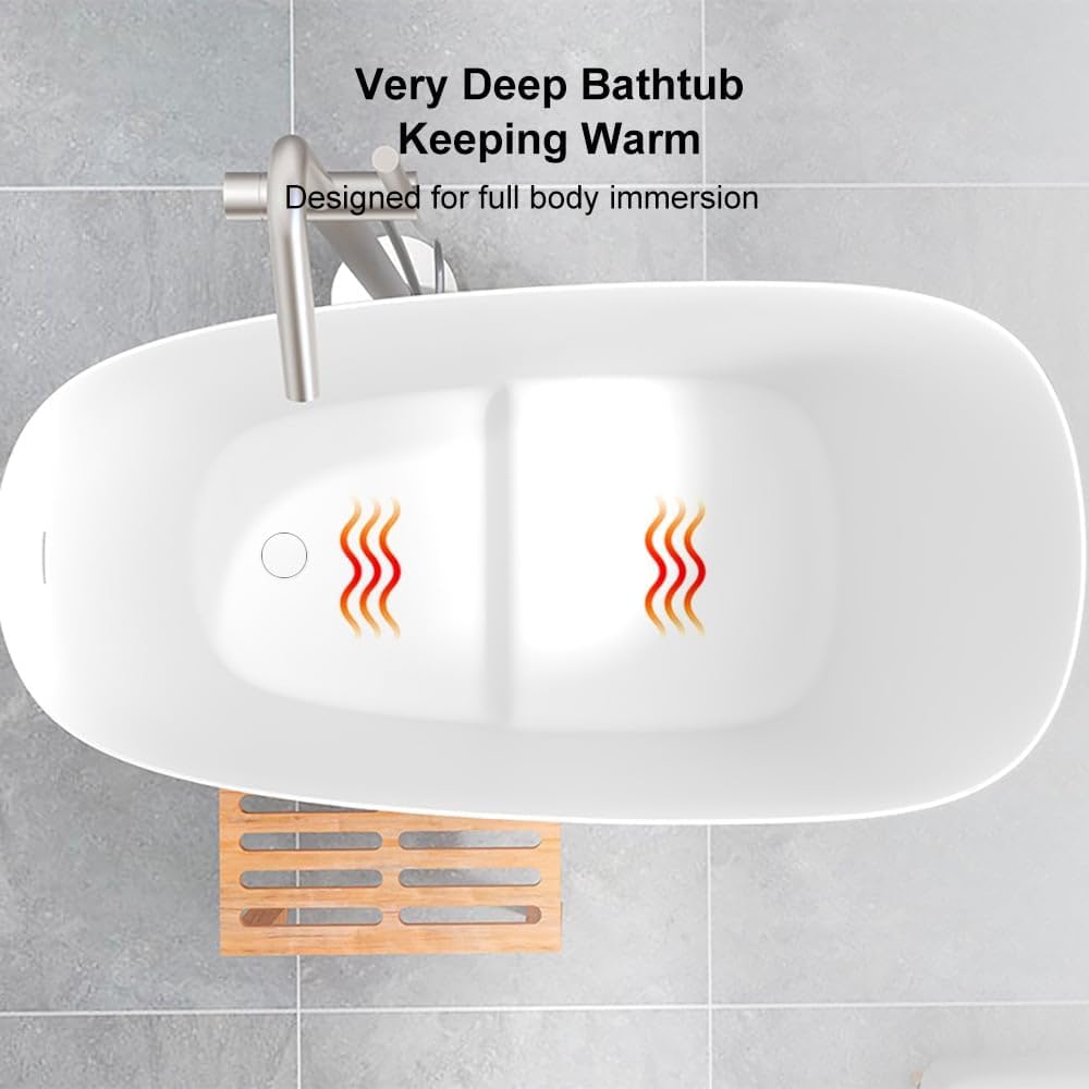 Japanese Bathtub,47" Freestanding Japanese Soaking Tub, White Stone Resin Deep Tub with Built-in Seat, Modern Oval
