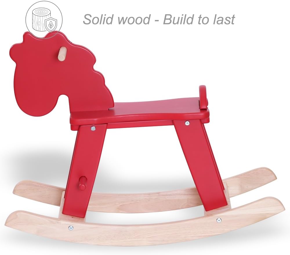 Red Wooden Rocking Horse for Preschool (Ages 3-6) - Solid Rubber Wood, Safe & Comfortable Footrest, Supports Physical