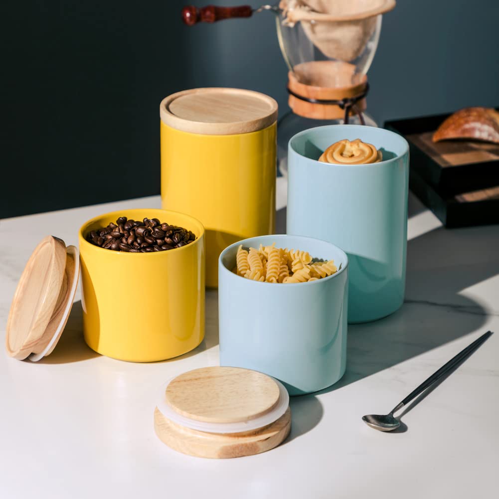 Kitchen Canisters Ceramic Food Storage Jar, Stackable Containers with Airtight Seal Wooden Lid for Serving Ground