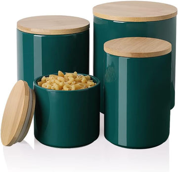 Kitchen Canisters Ceramic Food Storage Jar Set, Stackable Containers with Airtight Seal Wooden Lid for Serving Ground - Set of 4