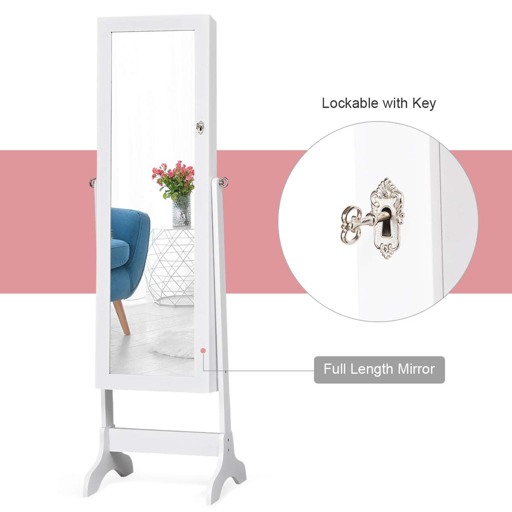 Lockable Standing Jewelry Armoire with Full Length Mirror, White