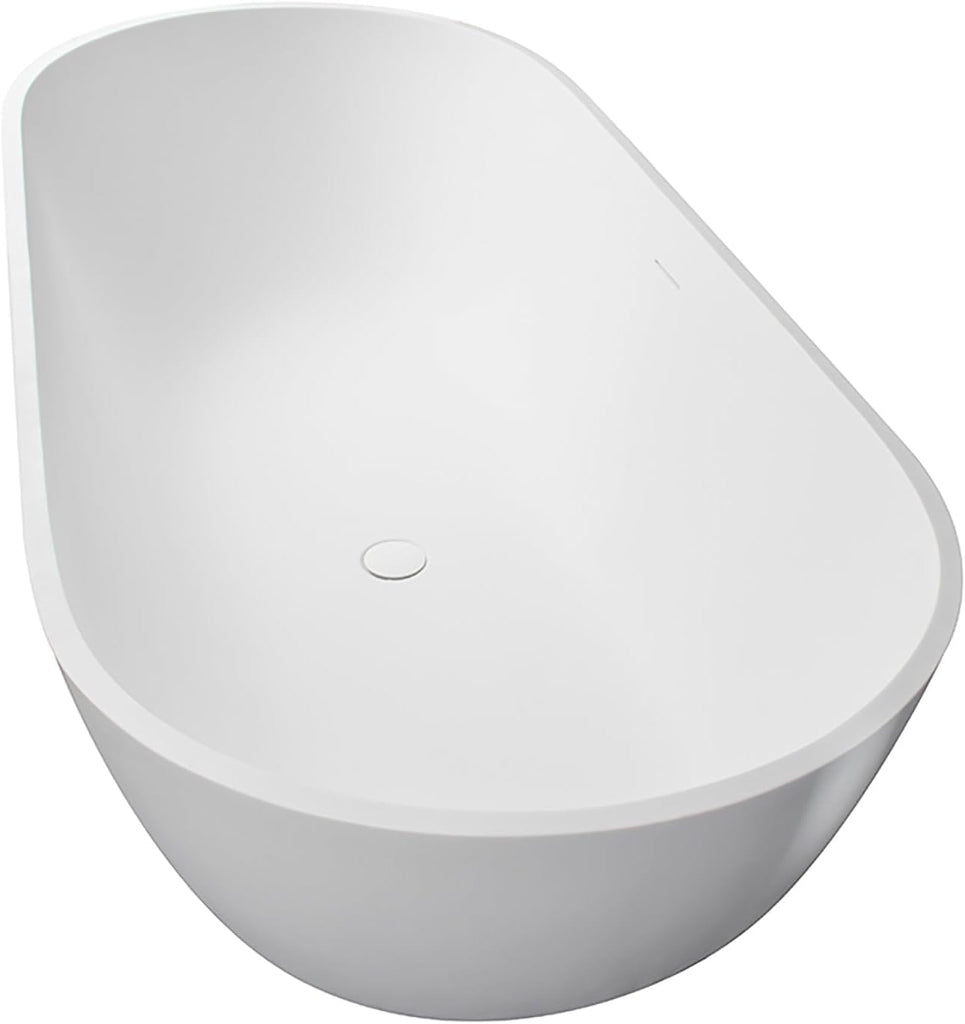 59" Free Standing Tub, Oval-Shaped Stone Resin Freestanding Bathtub Matte White Solid Surface Soaking Tub with Drain