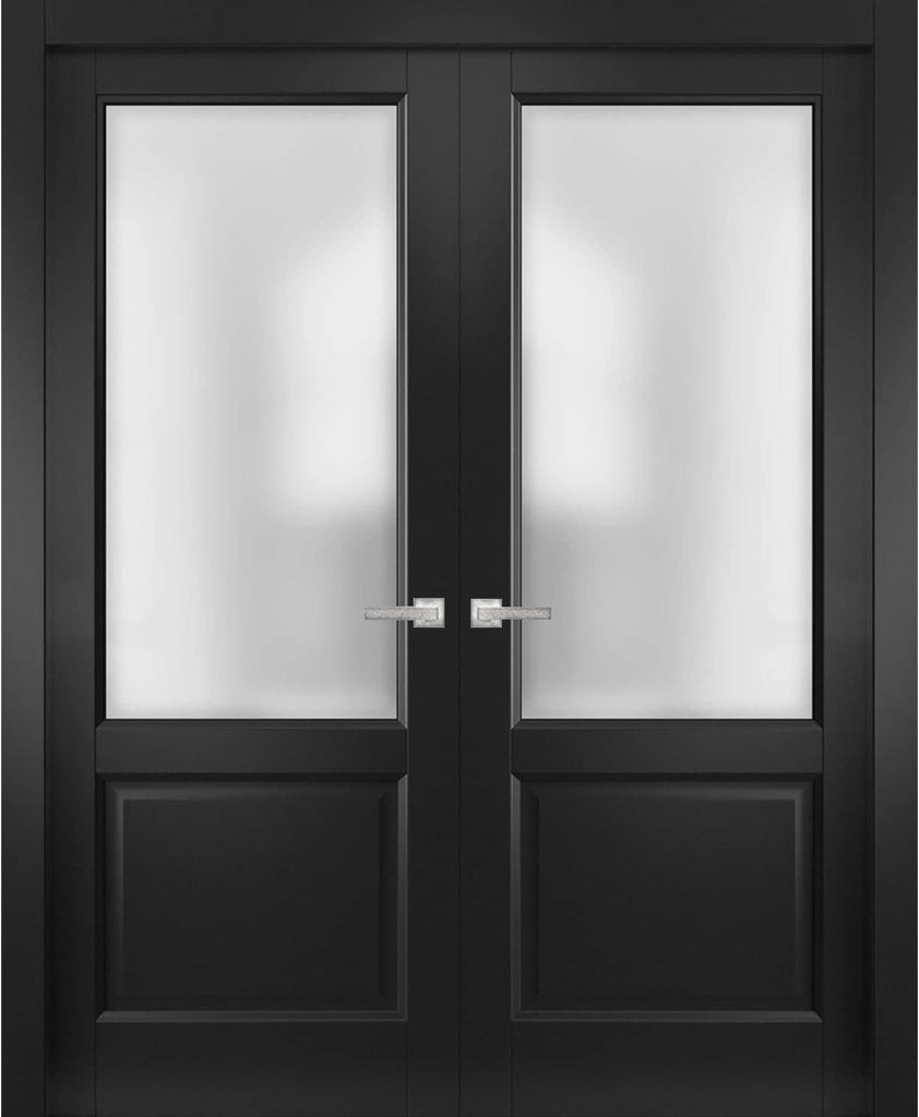 Lucia 22 | Double Swing Interior French Doors with Glass, Solid Wood, Hardware Included, 36x96, Blac