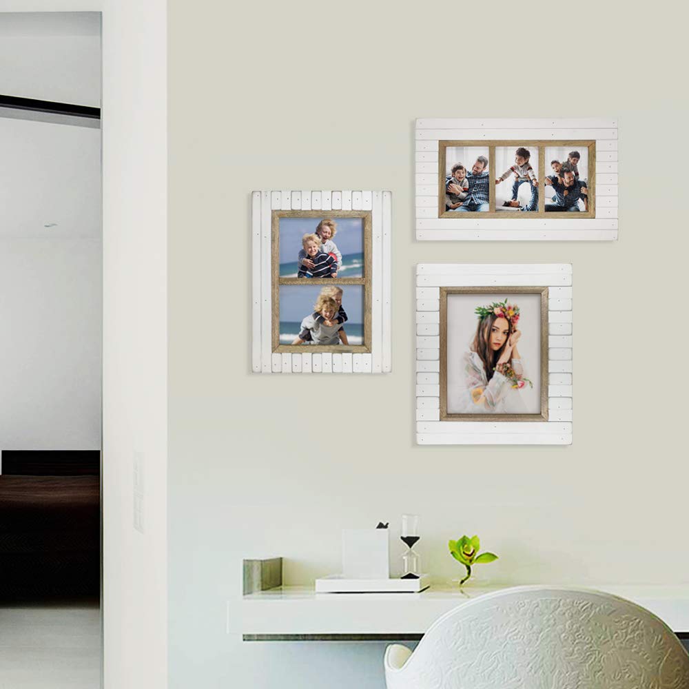 2 Opening 5x7 Rustic White Wood Picture Frame, Farmhouse Collage Photo Frame for 2 Photos, Wall Mount & Tabletop