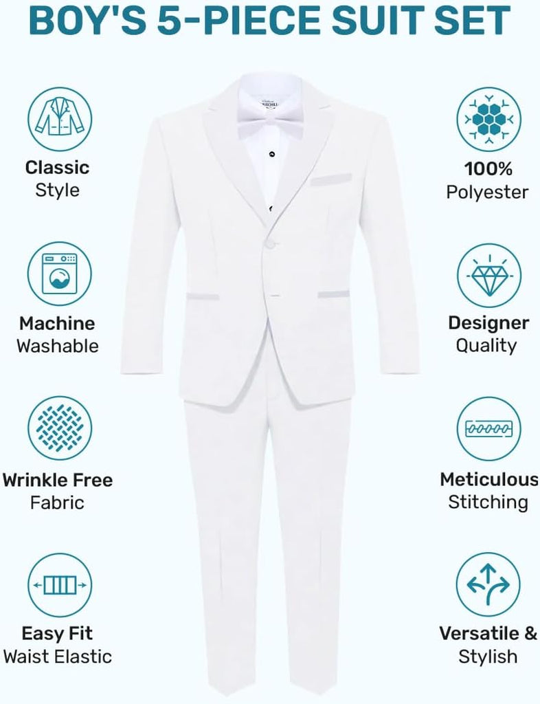 Boys 5 Piece Tuxedo Set with Jacket, Pants, Shirt, Vest & Bow Tie
