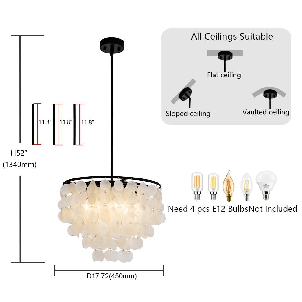 4-Lights Capiz Shell Chandelier - 17.7" Coastal Chandelier For Dinning Room, Beach House Modern Black Light Fixture