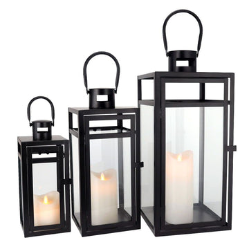 Stainless Steel Lantern Set of 3 - Assorted Sizes (12/15/19 Inch) - Tall Metal Hanging Lanterns with Clear Glass